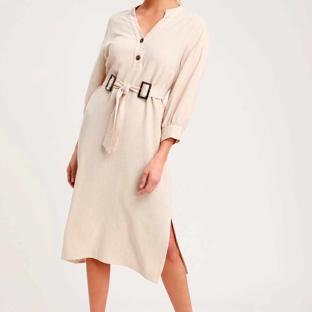 Lulu's Cream Buttoned Midi Dress with Cuffed Sleeves